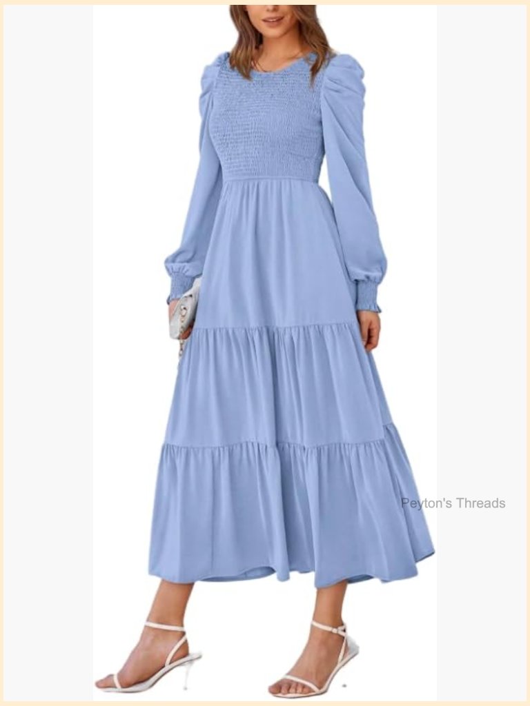 Elegant Maxi A-Line Dress With Smocked Empire Waist Long Sleeve High Neck